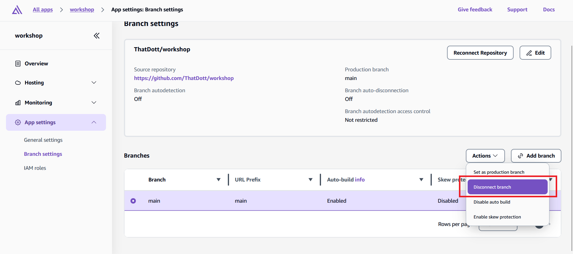 Amplify Console branch deletion interface