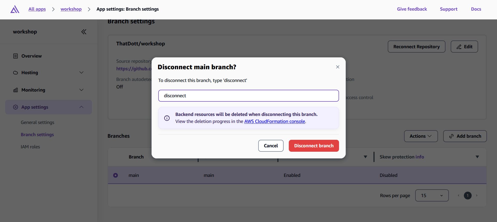 Amplify Console branch deletion confirmation